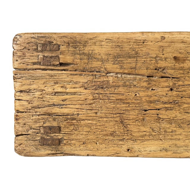 Vintage Rustic Elm Village Bench For Sale - Image 4 of 6