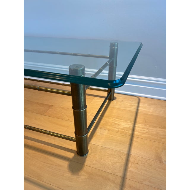 1970s Faux Bamboo Aged Brass and Beveled Glass Coffee Table Attributed to Mastercraft For Sale In New York - Image 6 of 13
