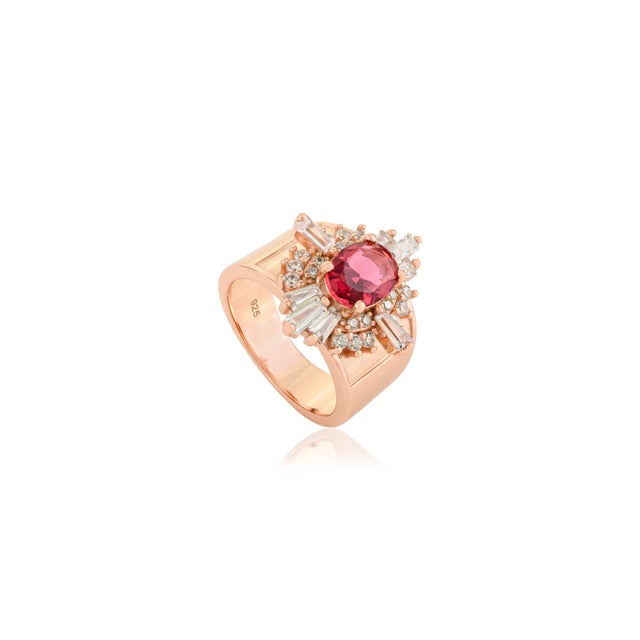 Art Deco Rose Gold Finish Silver Ring With Red Cubic Zirconia & Clear Cz Halo - Size 7 For Sale - Image 3 of 9