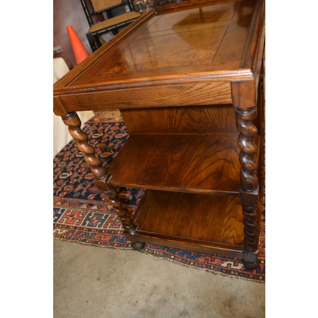 1970s Attributed to Henredon Barley Twist Dark Oak Wood End / Side Table With Center Cupboard & Shelves For Sale - Image 5 of 14