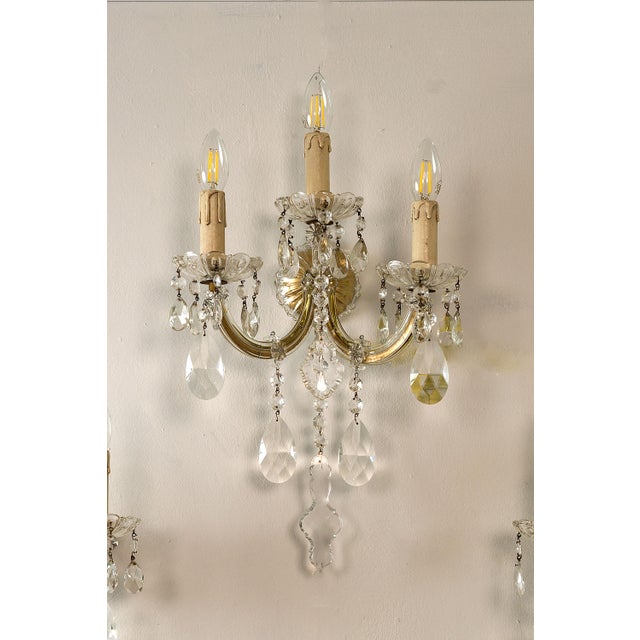 Triptych of Maria Theresa Style Crystal Wall Lamps, 1940s, Set of 3 For Sale - Image 4 of 12