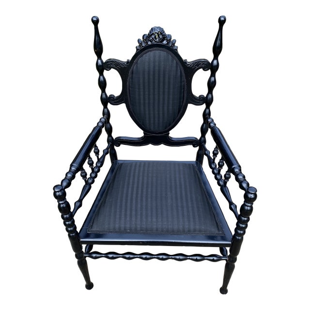 Vintage Painted Black Wood Armchair For Sale