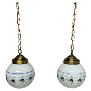 Pair of Floral Painted Glass Pendants For Sale