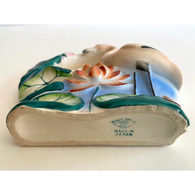 Vintage Art Deco 1940's Japan Art Pottery Hand Painted Flamingo Bird Porcelain Wall Pocket Vase For Sale - Image 12 of 13