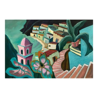 Marc Zimmerman "Nuevo Vallarta" Oil Painting, Mexican Coastal Village, Pink Tower, Teal Architecture, Contemporary Art West Coast For Sale