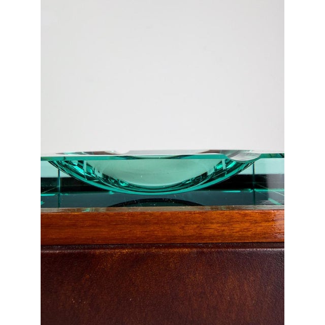 Mid-Century Italian Green Cut Glass and Leather Ashtray in the style of Fontana Arte, 1970s For Sale - Image 3 of 16