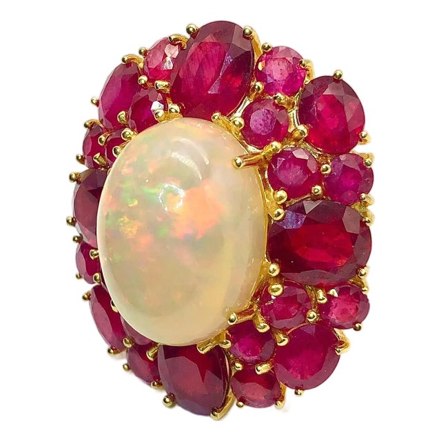 Bochic “Capri” Vintage Ruby & Fire Opal Cluster Ring Set In 18K Gold & Silver For Sale