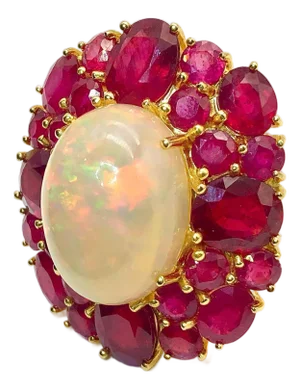 Bochic “Capri” Vintage Ruby & Fire Opal Cluster Ring Set In 18K Gold & Silver