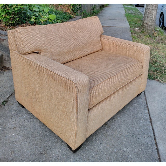 Chair and a half by Precedent for Sherrill Furniture, c. 1980s. Upholstered in white and butternut basketweave fabric....