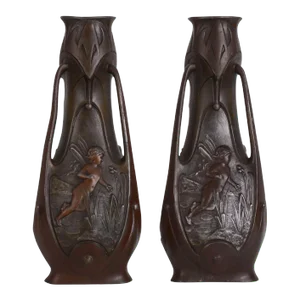 Mid 19th Century Art Nouveau James Garnier Bronze Fairy Vases- a Pair