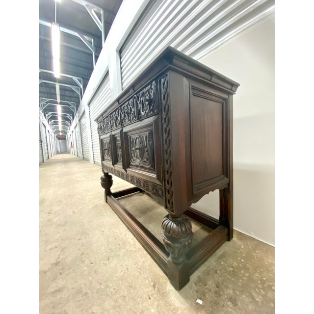 English Antique Carved Oak Sideboard or Buffet by the H Krug Furniture Company . For Sale - Image 3 of 12