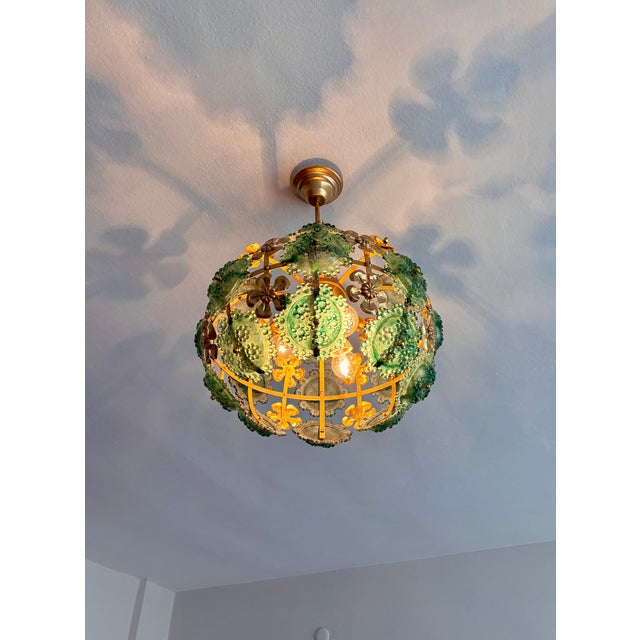 1970s Mid-Century Modern Style Teal Turquoise Hand-Painted Glass and Gold Floral Chandelier⁠ For Sale - Image 12 of 17
