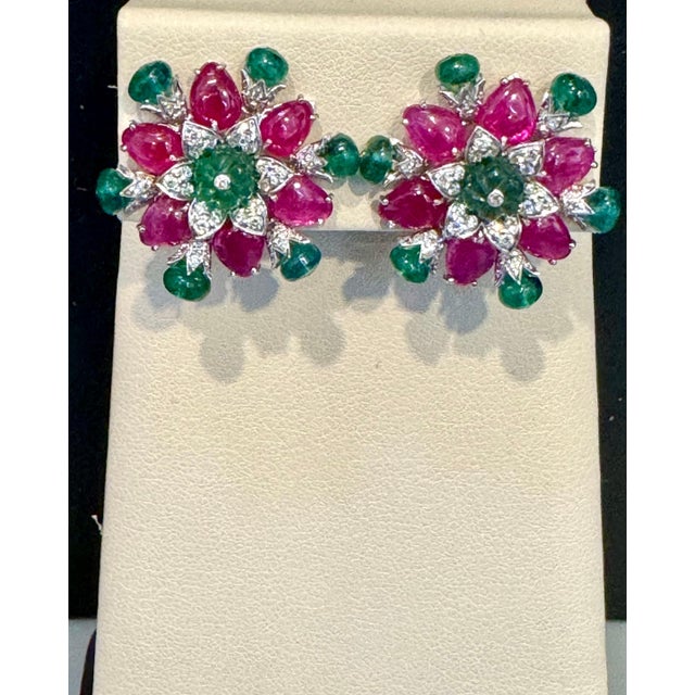 Tutti Frutti Earrings/ Natural Emerald Rubellite Earrings/ Carving Leaf 18 KWG For Sale - Image 4 of 18