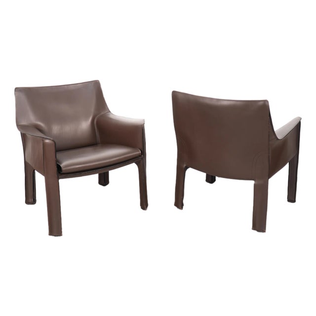 Brown Leather Mario Bellini for Cassina Cab 414 Lounge Chairs Italy For Sale