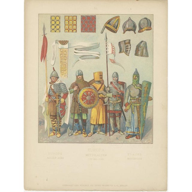 Medieval European Warriors Plate 800–1300, Antique Hand-Colored Print This impressive antique costume plate presents a...