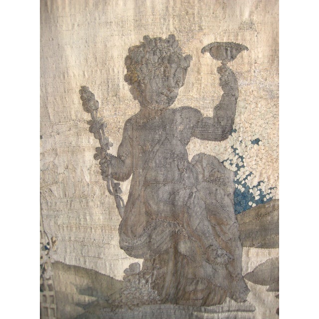 Green French Aubusson Verdure View of a Trellis Decor, Flowers and Putti Statue 1700 Hundreds For Sale - Image 8 of 17