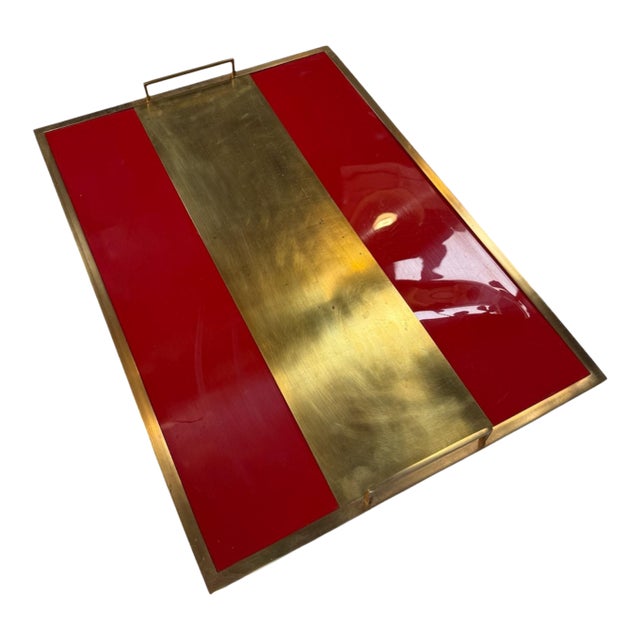 Vintage Red Lacquer & Brass Serving Tray With Handle For Sale