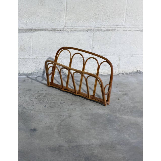 Wood Vintage Boho Rattan Magazine Rack Newspaper Holder Scandinavian Style For Sale - Image 7 of 9