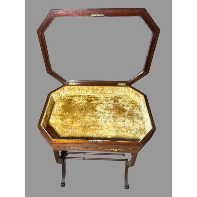 Antique Floral Painted Adam’s Style Mahogany Lift Top Vitrine Curio Display Cabinet For Sale - Image 10 of 12