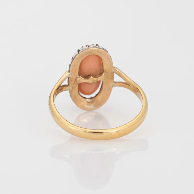 Late 19th Century Antique Victorian Coral Diamond Ring Sz 5 Small Oval Cocktail Fine Jewellery For Sale - Image 5 of 6