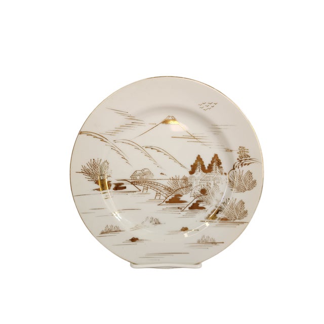 1960s Vintage Kutani Mt. Fuji Plates – Hand-Painted Gold & White Porcelain – Japan Minimalism - 4 Available For Sale - Image 5 of 5