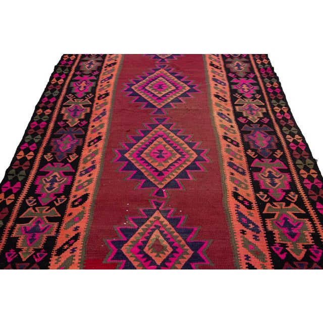 Tribal Vintage Kilim Handmade Flatweave Tribal Motif Red Wool Runner For Sale - Image 3 of 10