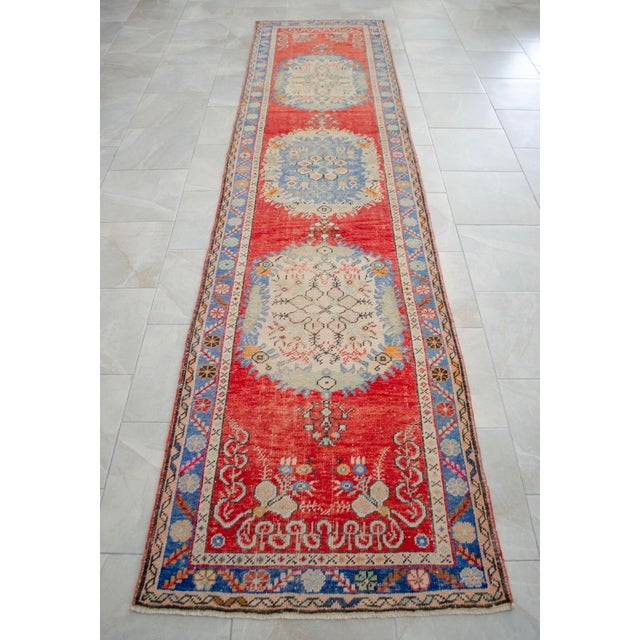 Turkish Runner Rug Hand-Knotted Muted Colors Tribal Hallway Decor Lady Bug Pattern - 3'1" X 12'9" For Sale - Image 9 of 14