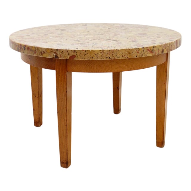 Round Wooden Coffee Table with Marble Top For Sale