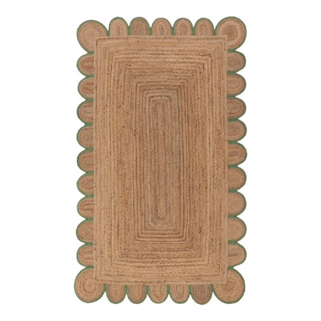 Olive Green Scallop Edge Jute Rug 3x12 Ft. For Sale