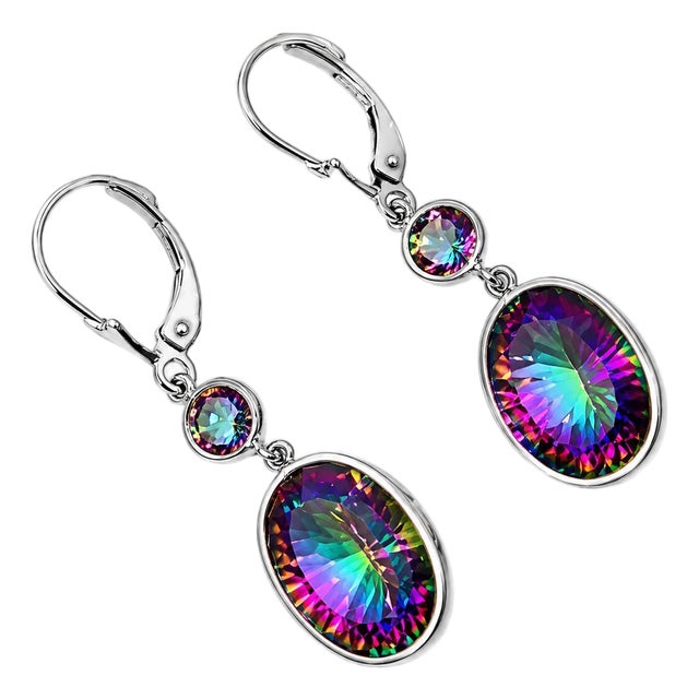 Late 20th Century 14K White Gold Huge Mystic Quartz Dangle Drop Earrings, Pair For Sale