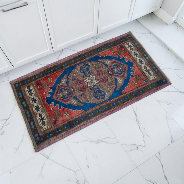 Vintage Turkish Oushak Rug 2x3 Hand Knotted Small Wool Entry Door Mat Blue Red This charming hand-knotted Oushak rug...