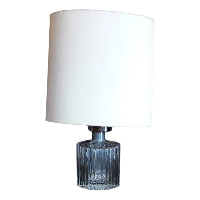 Vintage German Table Lamp with a Hand-Polished Crystal Glass Foot with a Cream-Colored Fabric Screen, 1970s For Sale