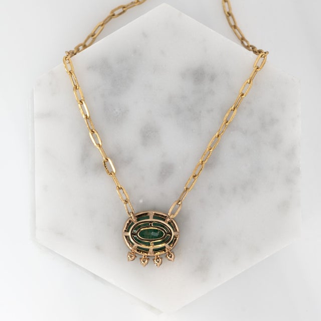 Green 4.9ct Emerald and Diamond Pendant Necklace: Solid 14k Gold With Attached Chain For Sale - Image 8 of 9