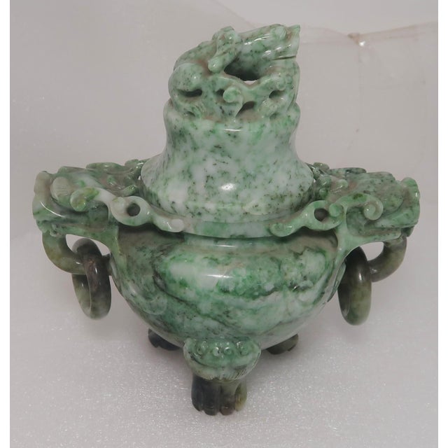 Vintage Chinese Jade Incense Burner, Covered, With Tripod Feet, Foo Dog Finial and Dragon Head Loose Ring Handles For Sale - Image 12 of 16