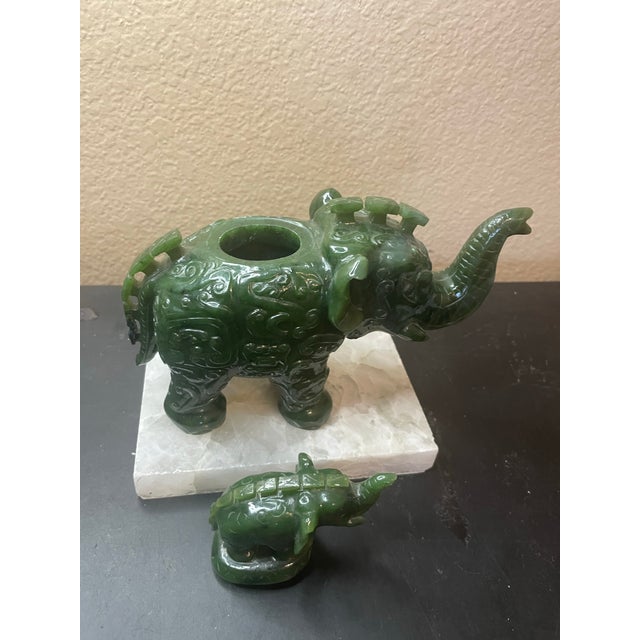 Green 1940s Exquisite Asian Carved Natural Jasper Jade 7” Trunk Up Elephant W/ Baby Elephant Symbol of Peace, Prosperity & Wisdom For Sale - Image 8 of 12