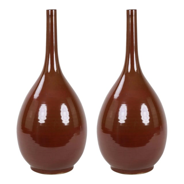 Burnt Umber Pair of Vintage Brown Oxblood Gloss Porcelain Flask Vase For Sale - Image 8 of 8