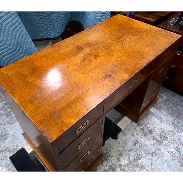 Vintage Burlwood Campaign Kneehole Desk For Sale - Image 11 of 11