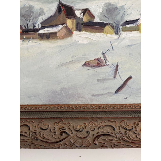 Vintage Original Oil Painting on Board – Snowy Farm and Barn Winter Landscape – Ornate Frame For Sale - Image 11 of 17