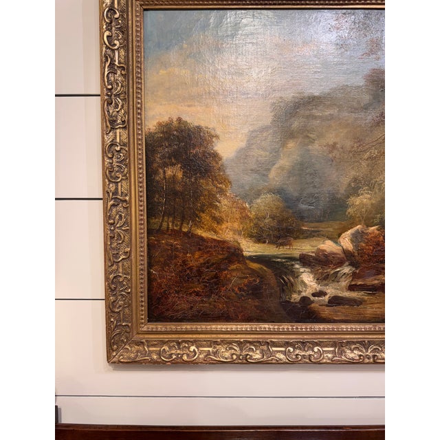 19th Century Oil on Canvas "Cattle Watering by the Stream" For Sale - Image 9 of 12