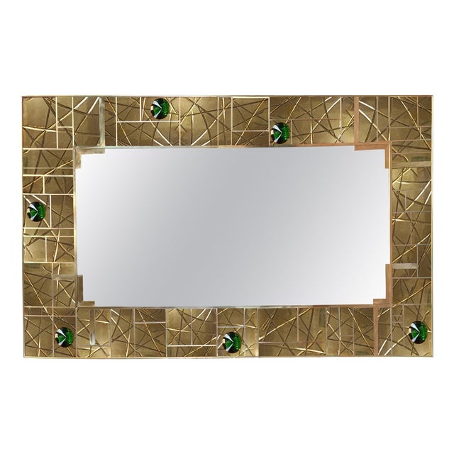 Striped Brass Wall Mirror with 6 Green Murano Glass Jewels from Justfurnituress SRL For Sale