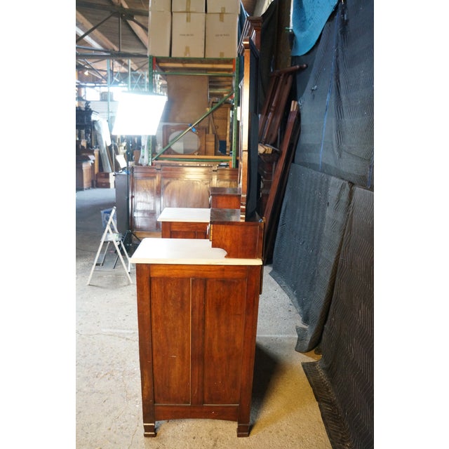 Antique Edwardian Mahogany Marble Top Drop Center Dressing Table Vanity 46" For Sale - Image 13 of 17