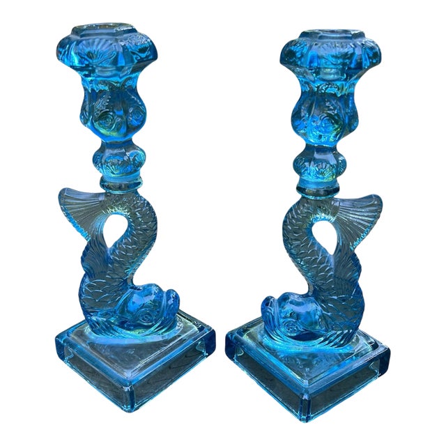 Vintage Metropolitan Museum of Art Imperial Blue Glass Koi Candlesticks - A Pair For Sale