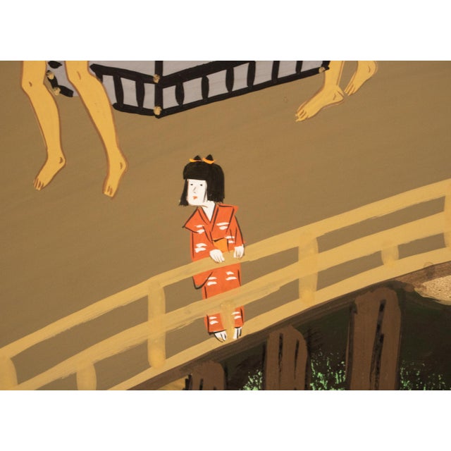 1960s Shōwa Era Japanese Byobu Screen "Autumn Festival Scene by the Bridge" For Sale - Image 11 of 17