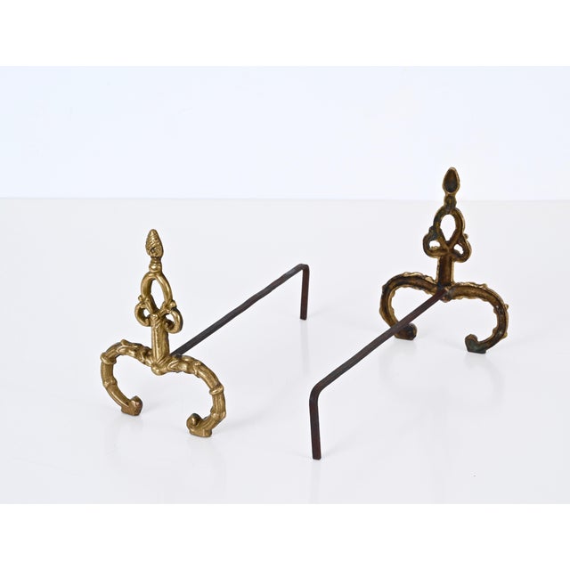 Goldenrod Louis XV Italian Andirons in Gilt Bronze and Iron, Italy, 1940s, Set of 2 For Sale - Image 8 of 13
