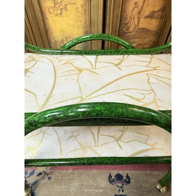 Mid-Century Aldo Tura Style Rattan and Faux Malachite Bar Cart - Newly Painted For Sale - Image 10 of 11