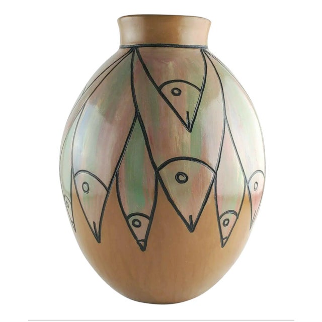 Large Pottery Vase Fish Heads Pinkish Greenish Fish Heads Facing Down Measures 11.50 in x 3.50 in Diameter on top, 3 in...