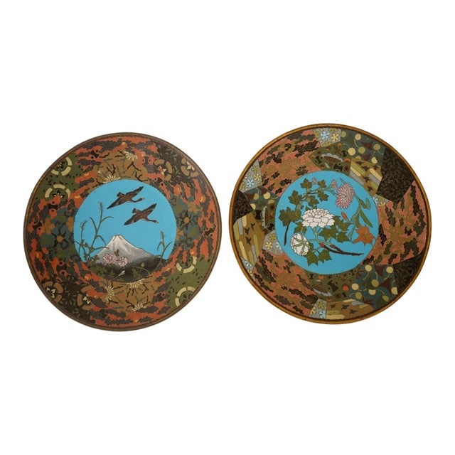 Japanese Pair of Japanese Cloisonne Enamel Meiji Plates With Mount Fuji and Flowers For Sale - Image 3 of 4