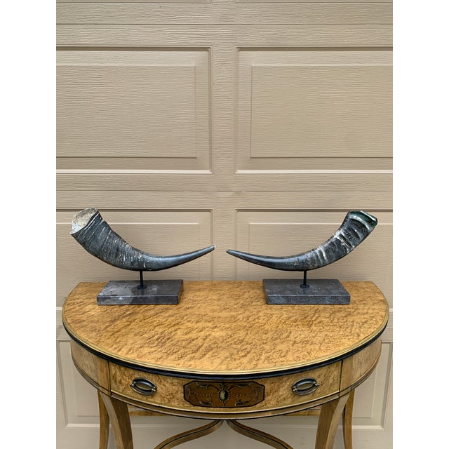 Pair of Vintage Faux Ram Horn Sculptures on Black Marble Bases For Sale - Image 9 of 16