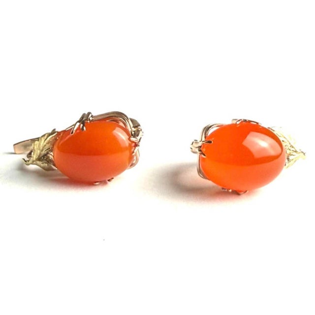 14k Rose Yellow Gold Floral Earrings Natural Carnelian Cabochons 20.40 Carats, A Pair For Sale - Image 9 of 9
