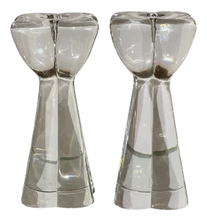 Signed Art Deco Baccarat French Crystal Candlesticks - a Pair